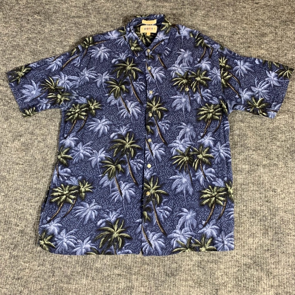 Campia‎ Moda Shirt Mens Large L Blue Button Up Short Sleeve Palm Tree Hawaiian